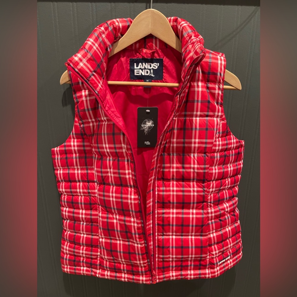 Lands' End Women's Red Plaid Puffer Vest
